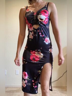 SHEIN Black Dress with Red & Pink Floral Print